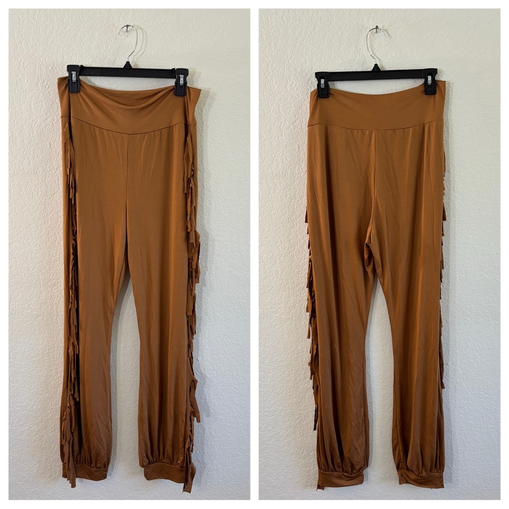 MISSLOOK Brown Fringe Boho Festival Pants Elastic Waist Wide Leg